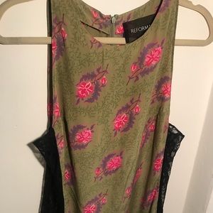 Reformation silk shift dress with lace side panels